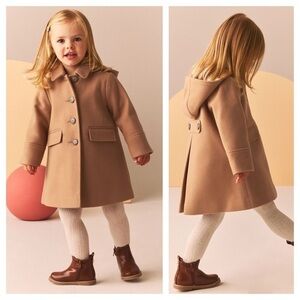 Next Baby Camel Brown Wool Blend Single Breasted Hooded Coat